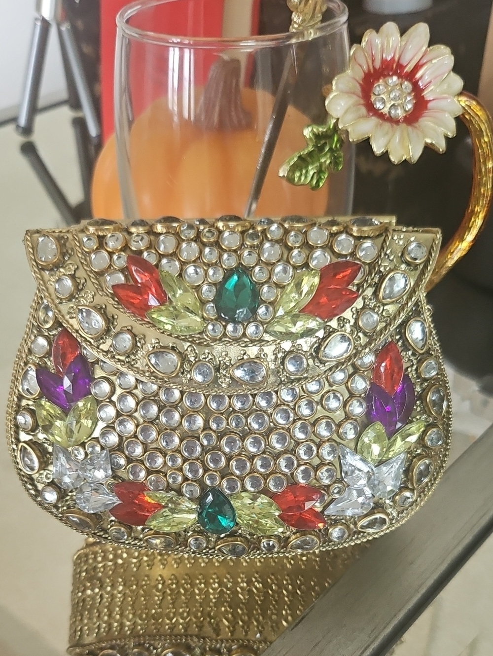 Embellished Gold Crystal Kundon Evening Clutch - Multicolor Jewel Accents